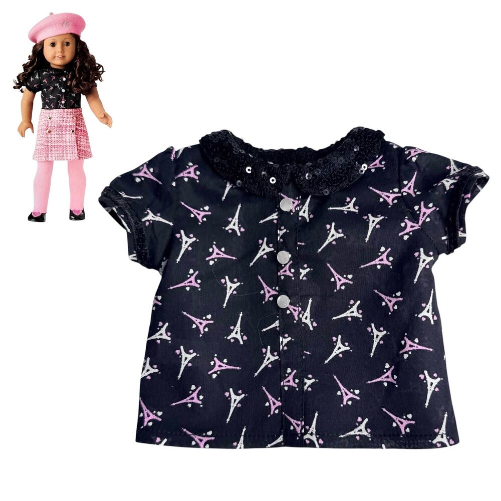 American Girl World Traveler France Top Eifel Tower Paris Blouse Black Sequin